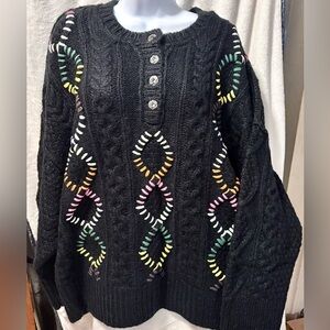 NWOT POL Black Half Button Cable Knit Sweater with Multicolor Accents RARE! Med